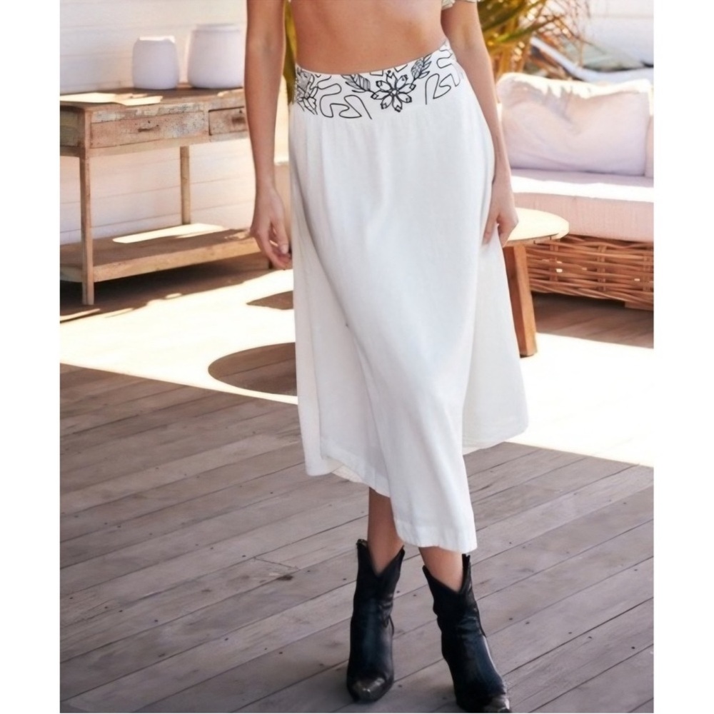 Free People Lotus Embroidered Waist A-Line Maxi Skirt - White size M